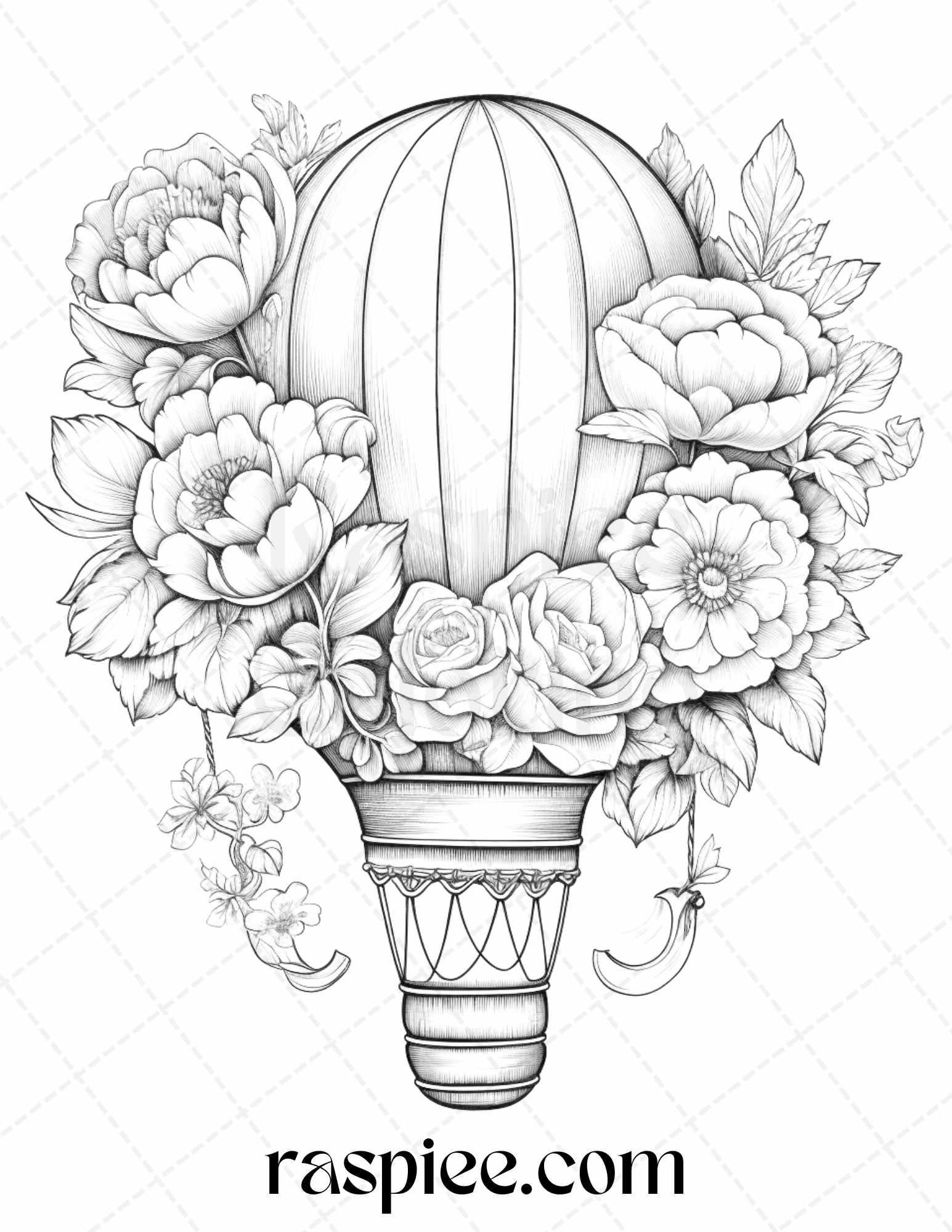 42 Flower Hot Air Balloons Grayscale Coloring Pages Printable for Adults, PDF File Instant Download