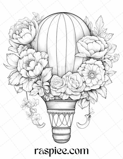 42 Flower Hot Air Balloons Grayscale Coloring Pages Printable for Adults, PDF File Instant Download