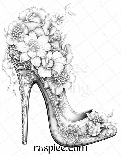 40 Flower Wedding Shoes Grayscale Coloring Pages Printable for Adults, PDF File Instant Download