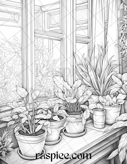 40 Window Plants Grayscale Coloring Pages Printable for Adults, PDF File Instant Download