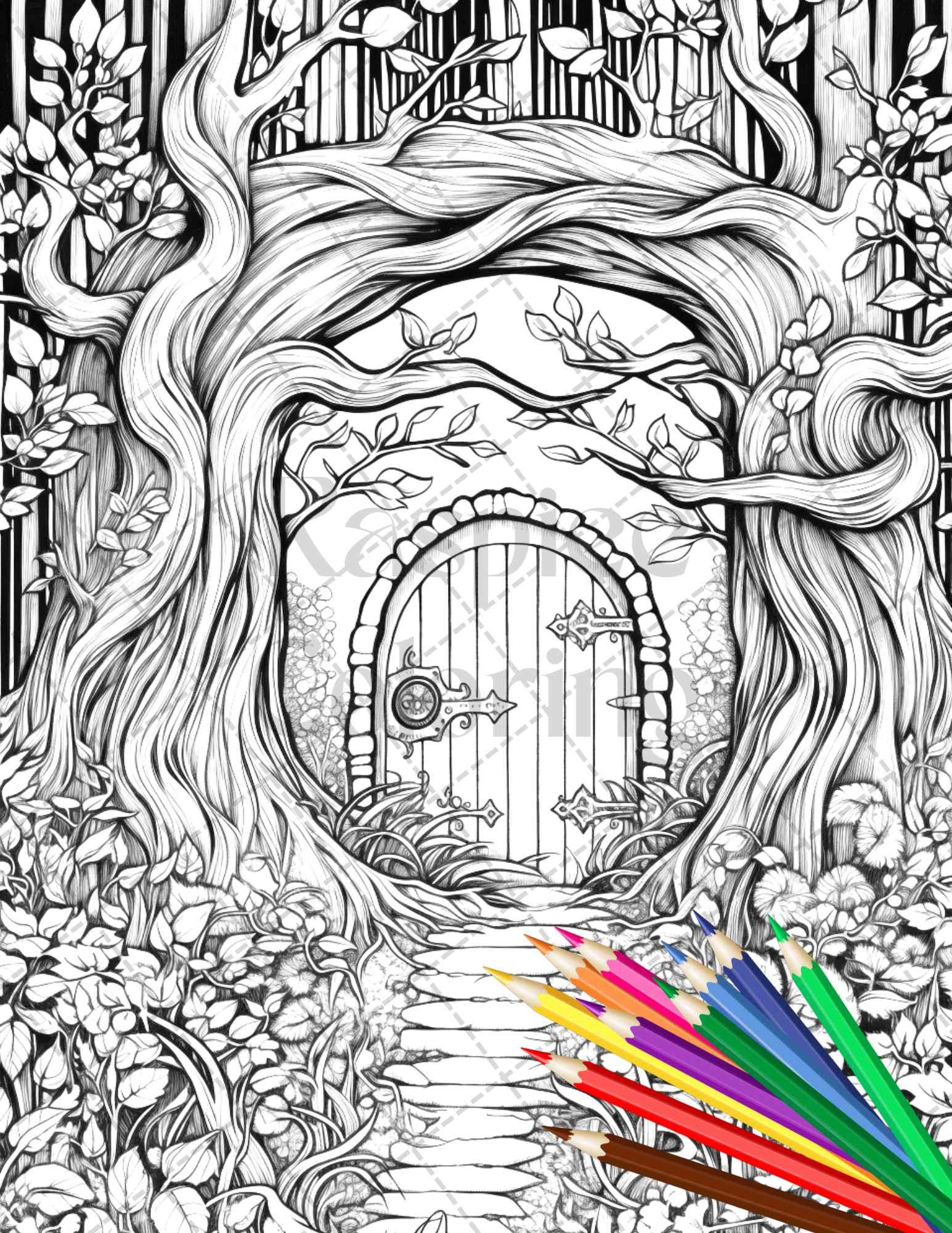 40 Magical Forest Gates Grayscale Coloring Pages Printable for Adults, PDF File Instant Download