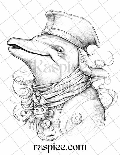 40 Pirate Animals Grayscale Coloring Pages Printable for Adults, PDF File Instant Download