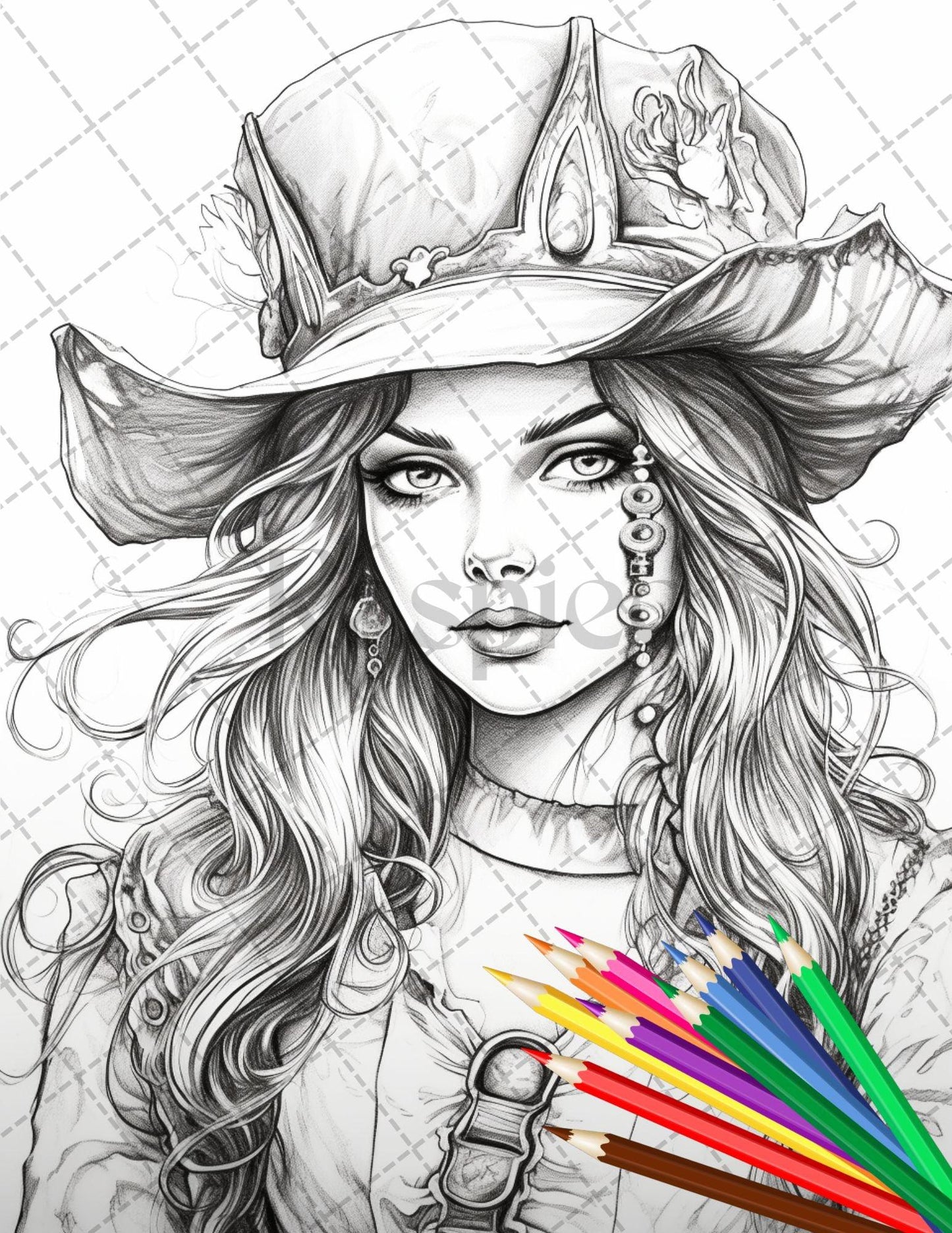 48 Beautiful Pirate Princess Coloring Book Printable for Adults, Grayscale Coloring Page, PDF File Instant Download