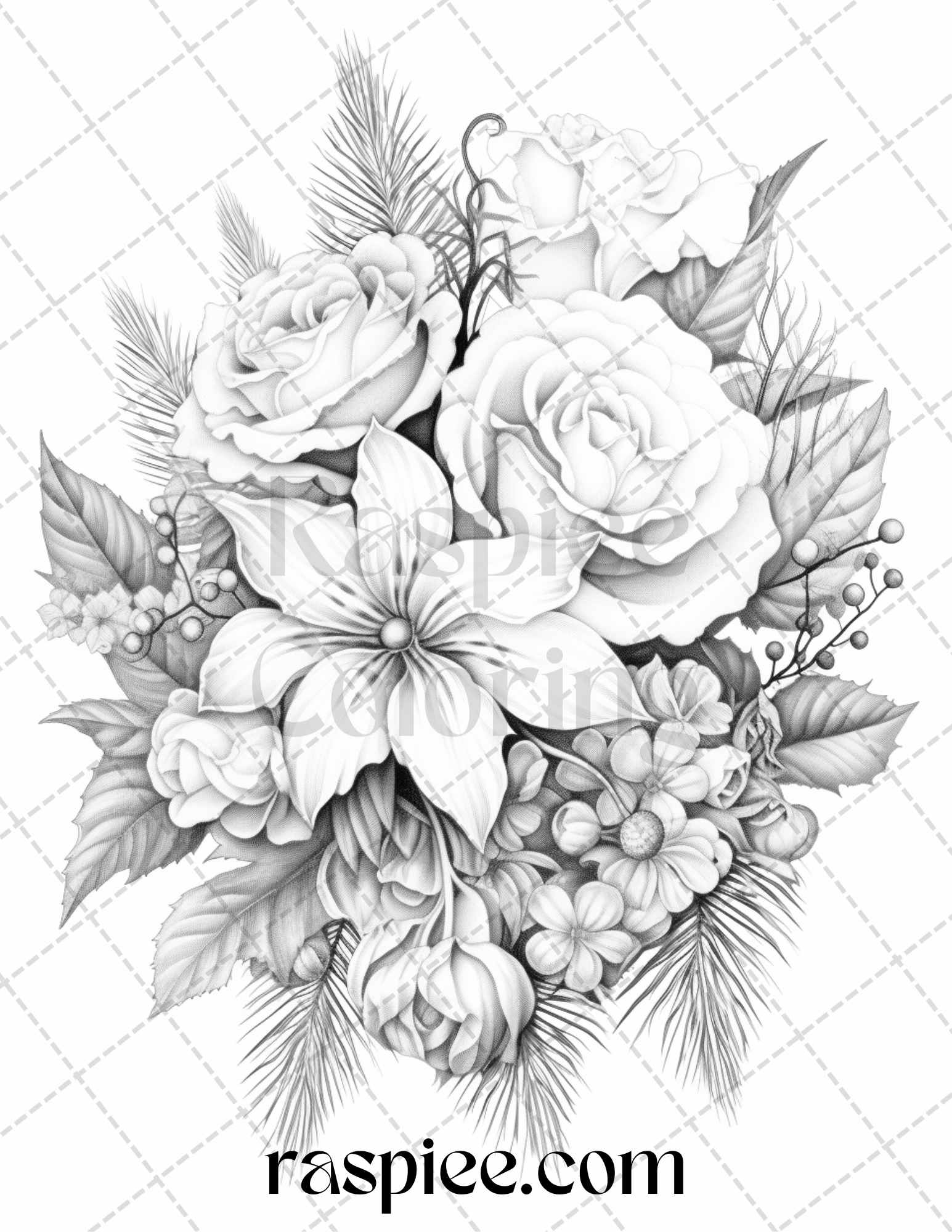 45 Christmas Flowers Grayscale Coloring Pages Printable for Adults, PDF File Instant Download