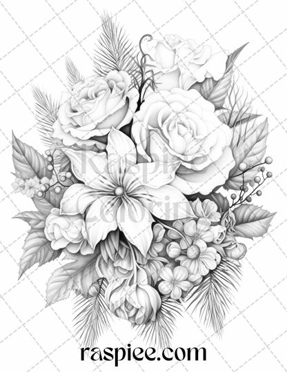 45 Christmas Flowers Grayscale Coloring Pages Printable for Adults, PDF File Instant Download