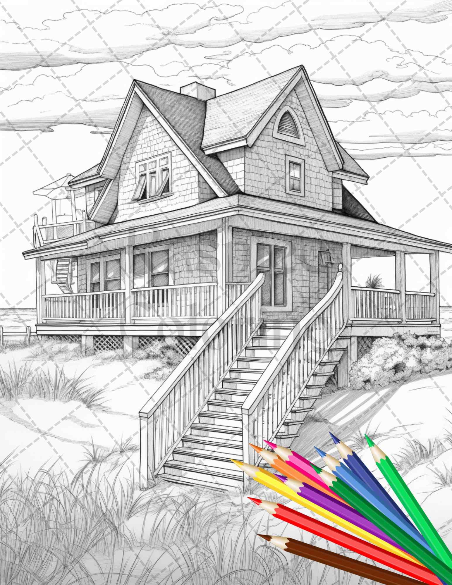 42 Wooden Beach Houses Grayscale Coloring Pages Printable for Adults, PDF File Instant Download