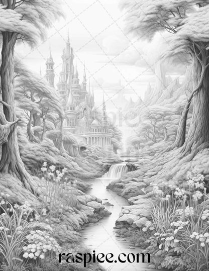 40 Fantasy Landscapes Grayscale Coloring Pages Printable for Adults, PDF File Instant Download