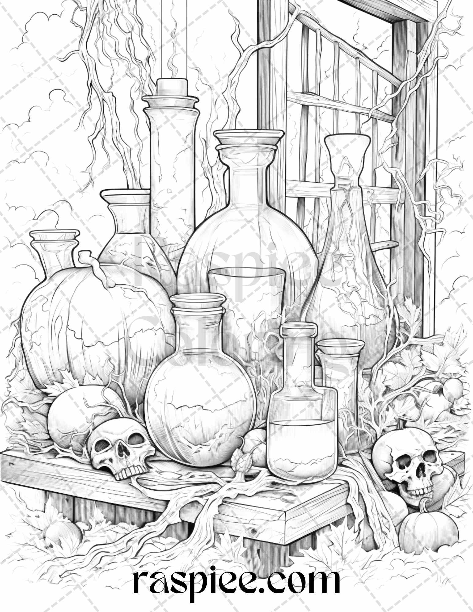 40 Mystical Magic Potions Grayscale Coloring Pages Printable for Adults, PDF File Instant Download