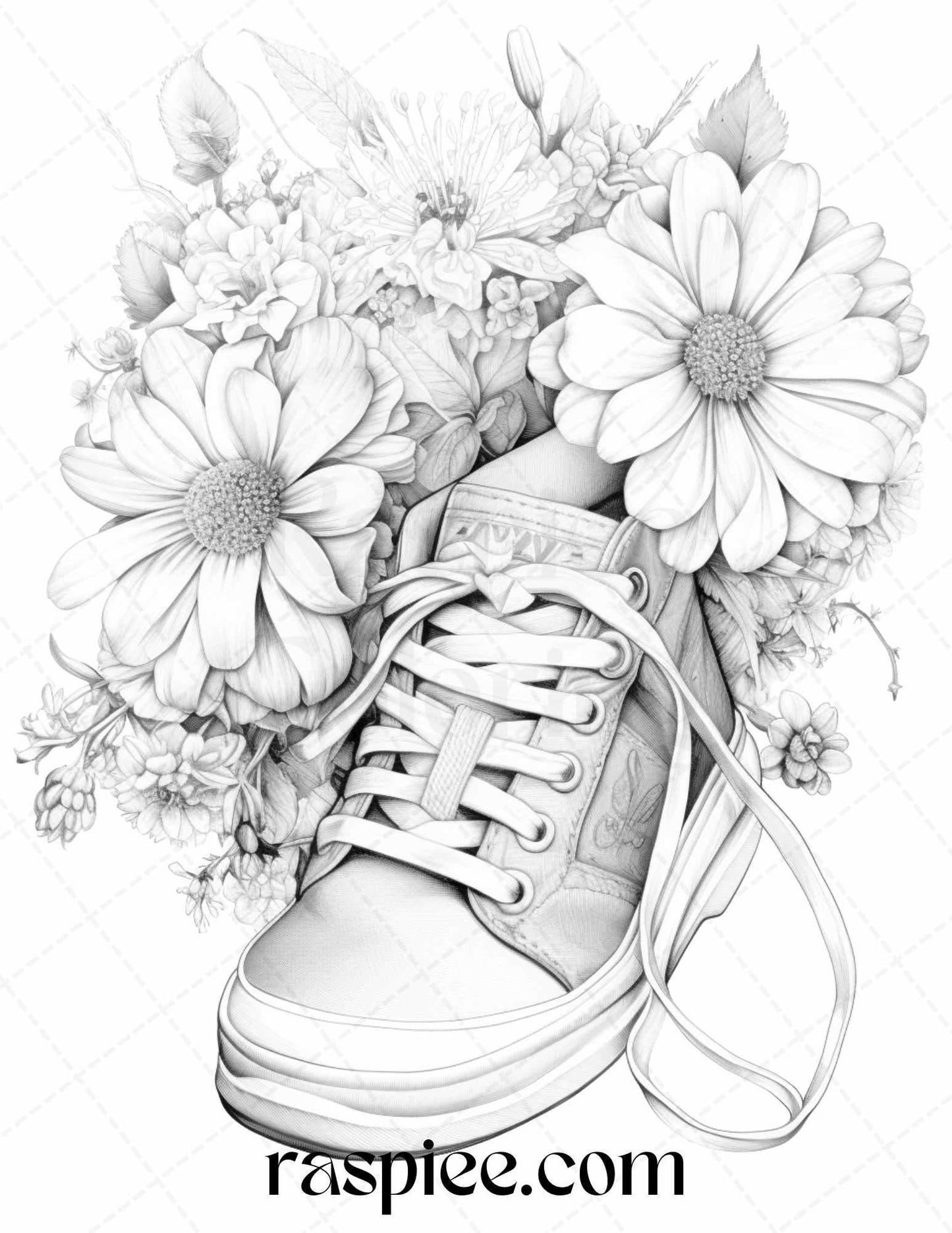 40 Flower Sneakers Grayscale Coloring Pages Printable for Adults, PDF File Instant Download