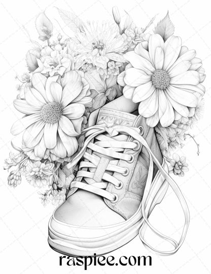 40 Flower Sneakers Grayscale Coloring Pages Printable for Adults, PDF File Instant Download