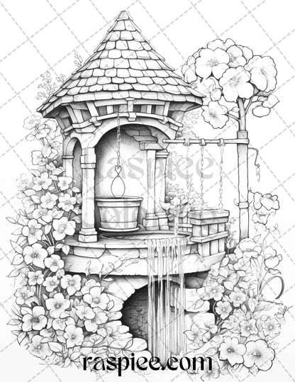 40 Whimsical Wishing Wells Grayscale Coloring Pages Printable for Adults, PDF File Instant Download