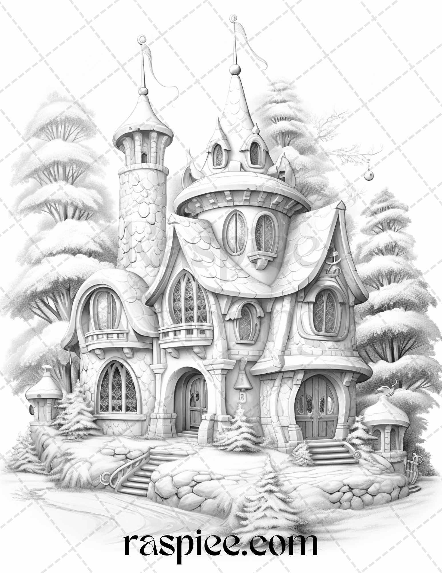 42 Fantasy Christmas Houses Grayscale Coloring Pages Printable for Adults, PDF File Instant Download