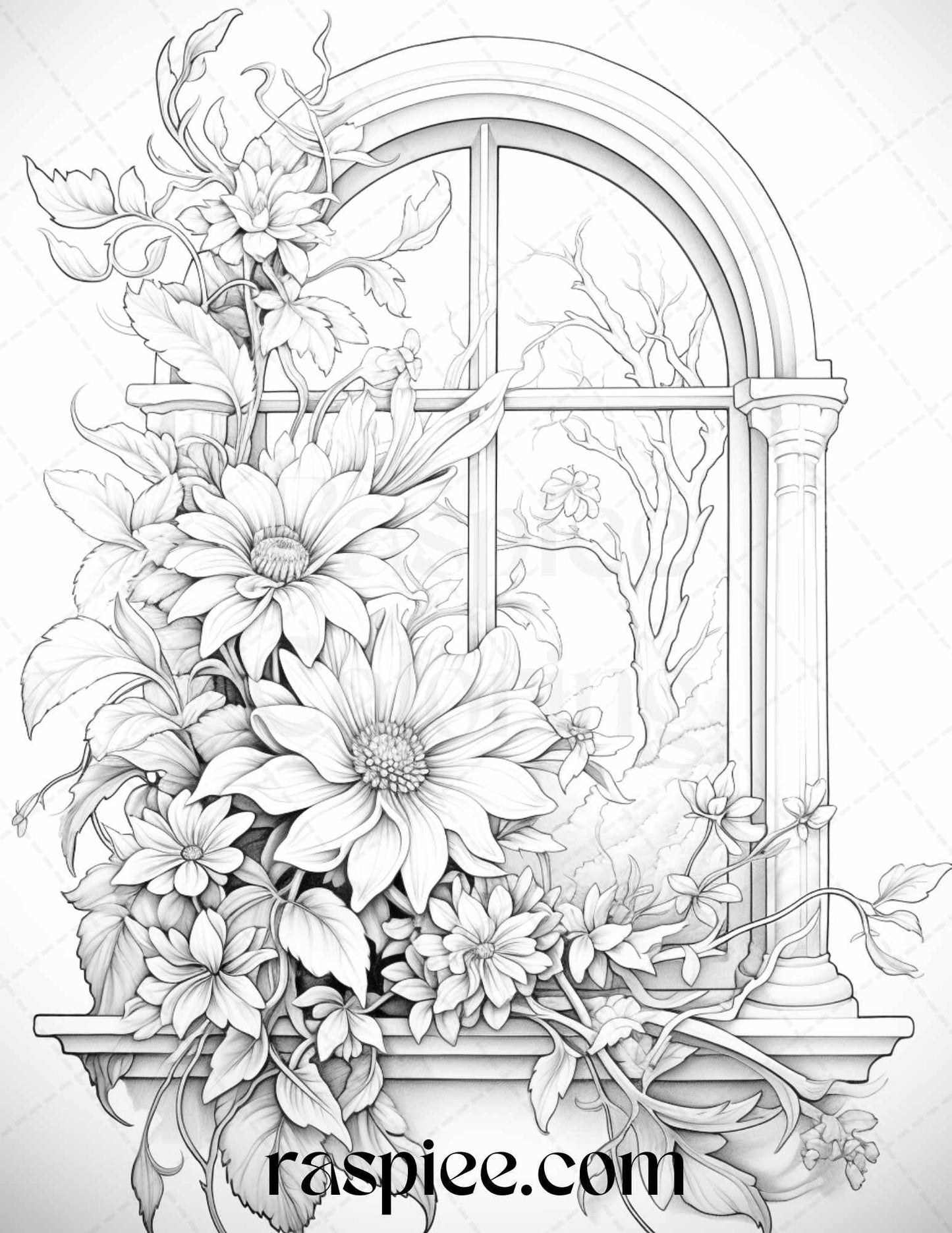 50 Blooming Windows Grayscale Coloring Pages Printable for Adults, PDF File Instant Download