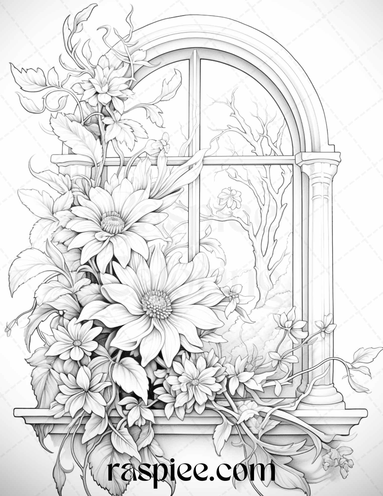 50 Blooming Windows Grayscale Coloring Pages Printable for Adults, PDF File Instant Download