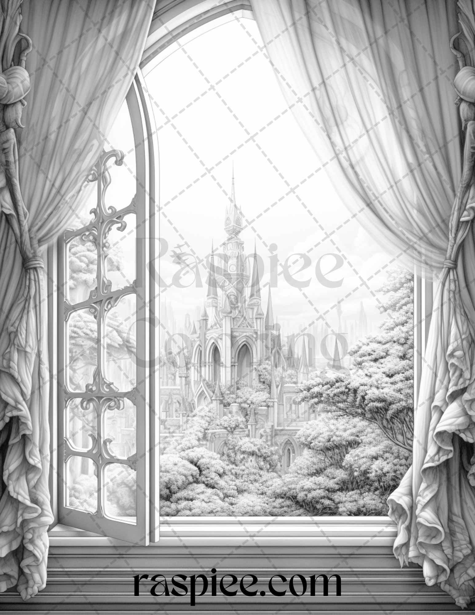 40 Window to Fantasy Worlds Grayscale Coloring Pages Printable for Adults, PDF File Instant Download