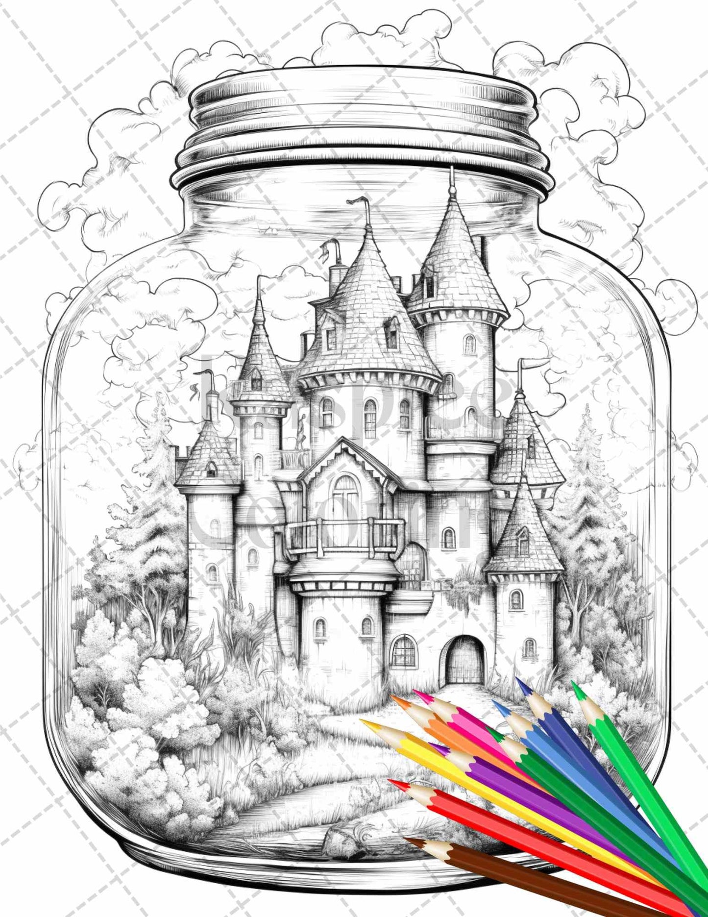 42 Fantasy Castle In Jar Grayscale Coloring Pages Printable for Adults, PDF File Instant Download