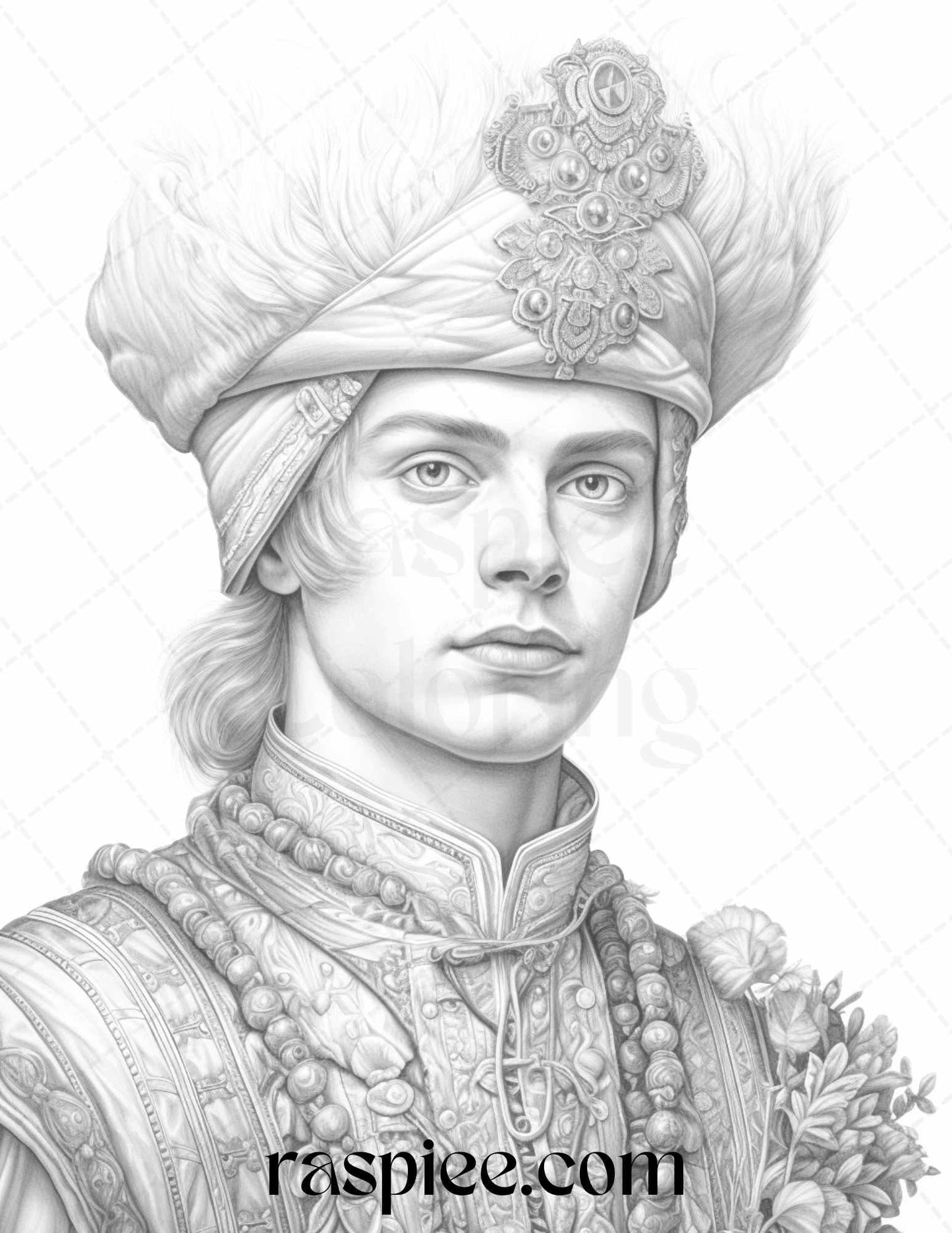 50 Baroque Man Portrait Grayscale Graysale Coloring Pages Printable for Adults, PDF File Instant Download