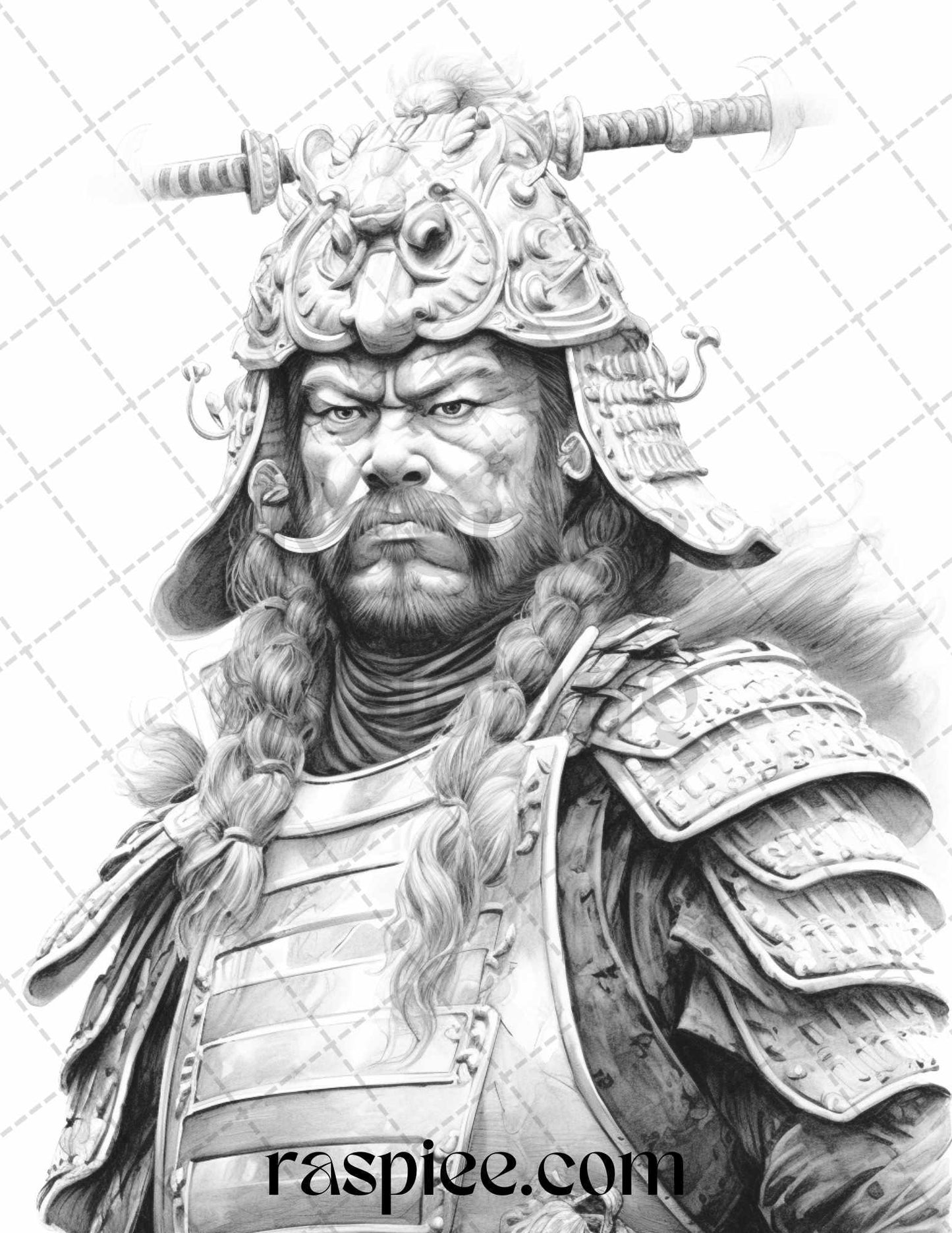 42 Japanese Samurai Grayscale Coloring Pages for Adults, Printable PDF File Instant Download