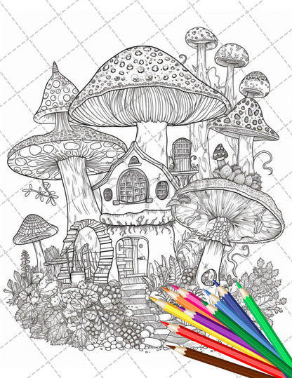 32 Whimsical Mushroom House Coloring Pages for Adults, Grayscale Coloring Book, Printable PDF File Download