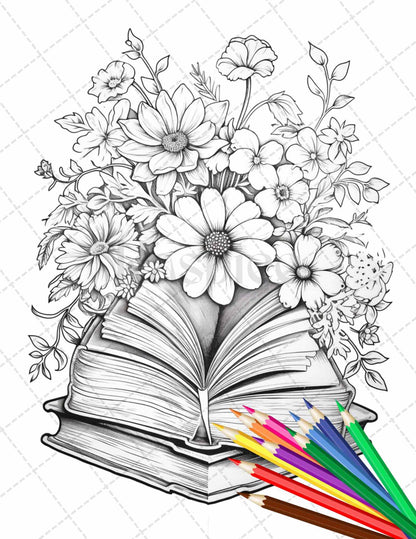 31 Book Flowers Coloring Pages Printable for Adults, Grayscale Coloring Page, PDF File Instant Download