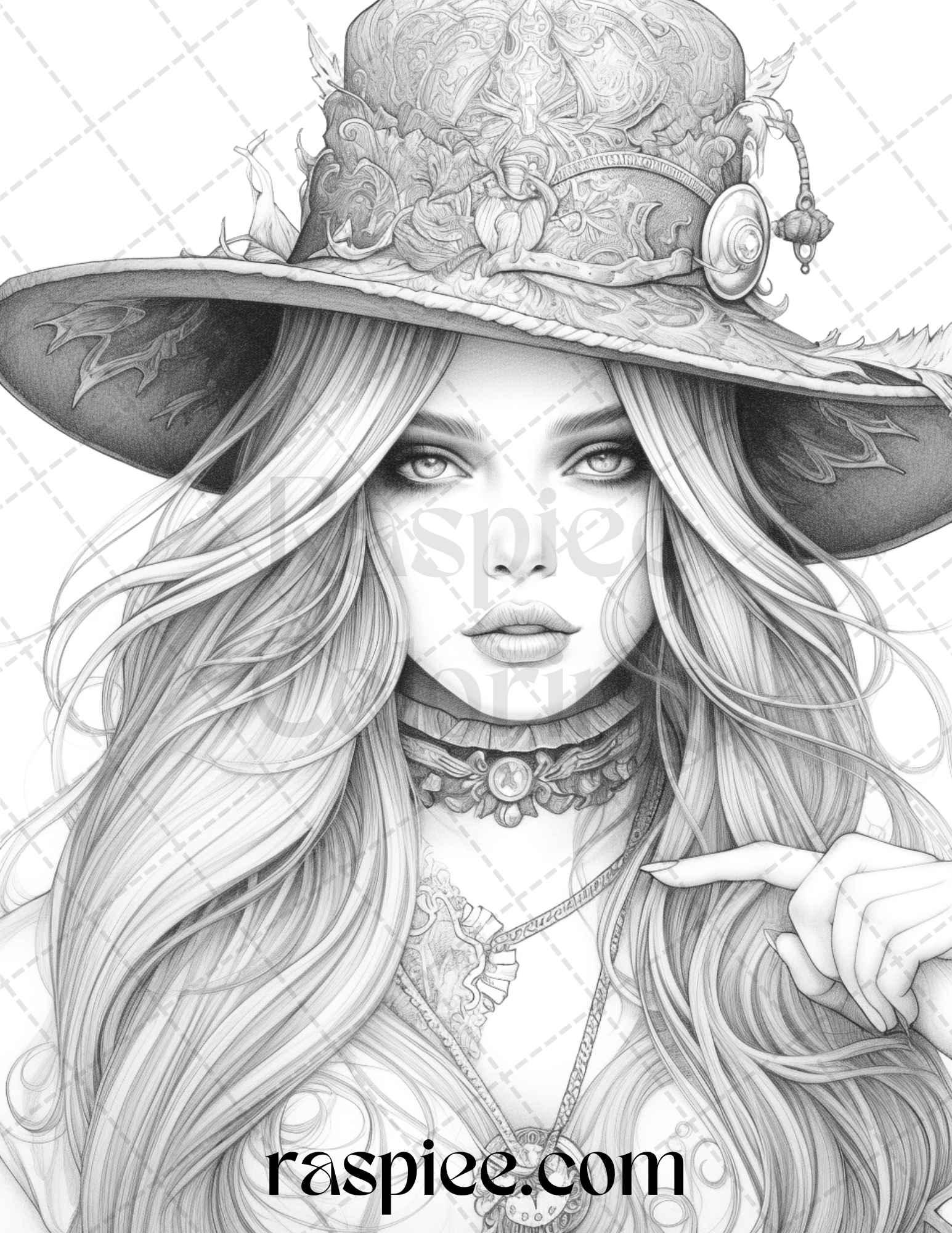 40 Beautiful Witches Grayscale Coloring Pages Printable for Adults, PDF File Instant Download