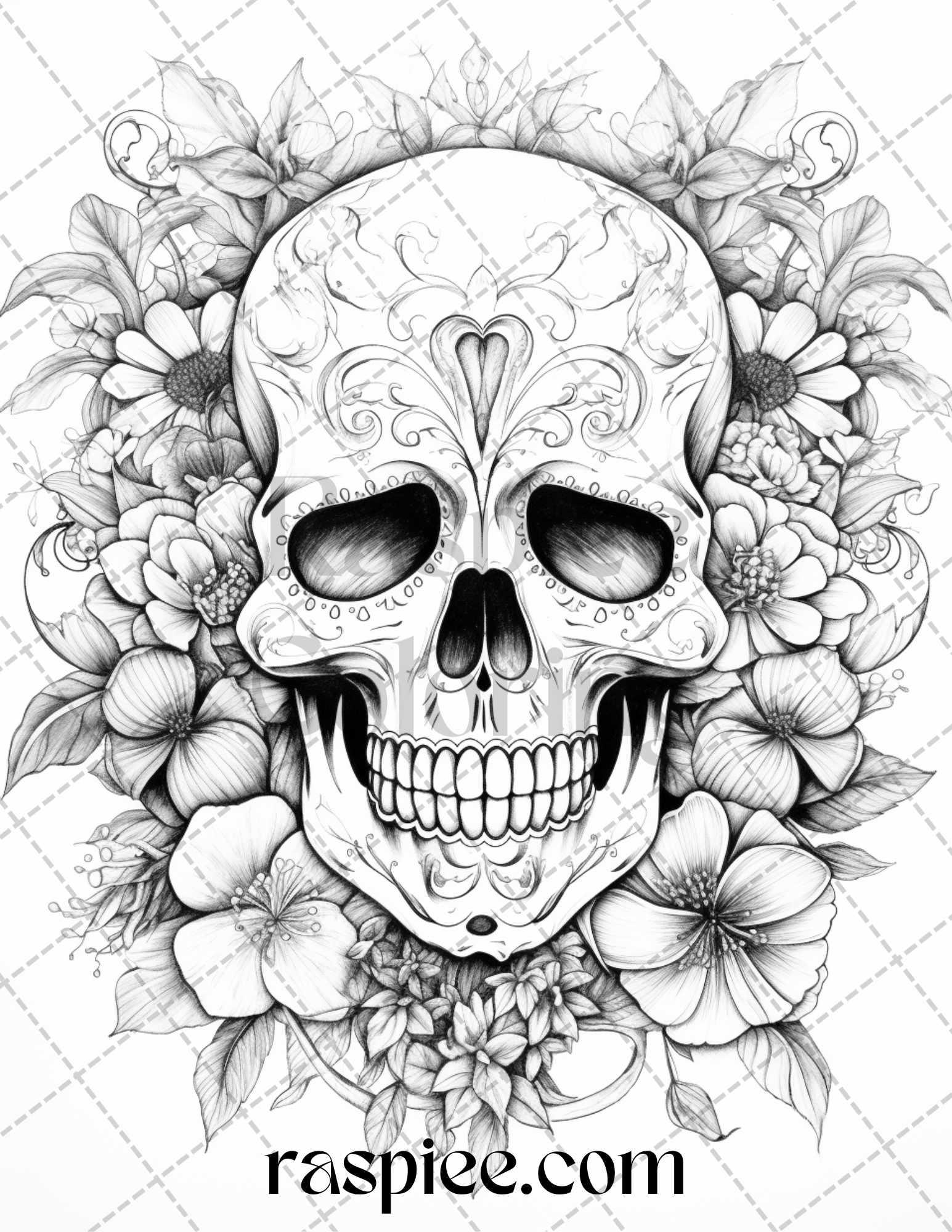 42 Floral Skull Grayscale Coloring Pages for Adults, Stress Relief Coloring Sheets, Printable PDF File Instant Download