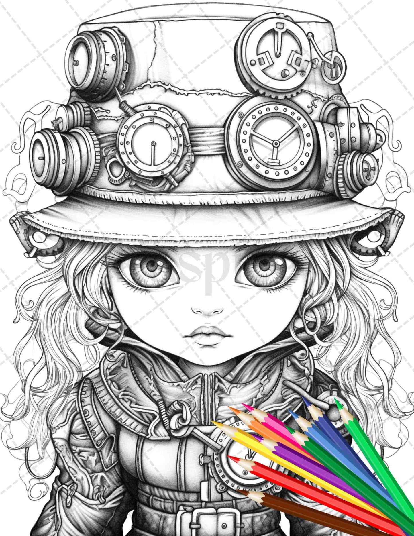 31 Adorable Steampunk Girls Coloring Pages Printable for Adults, Grayscale Coloring Page, PDF File Instant Download