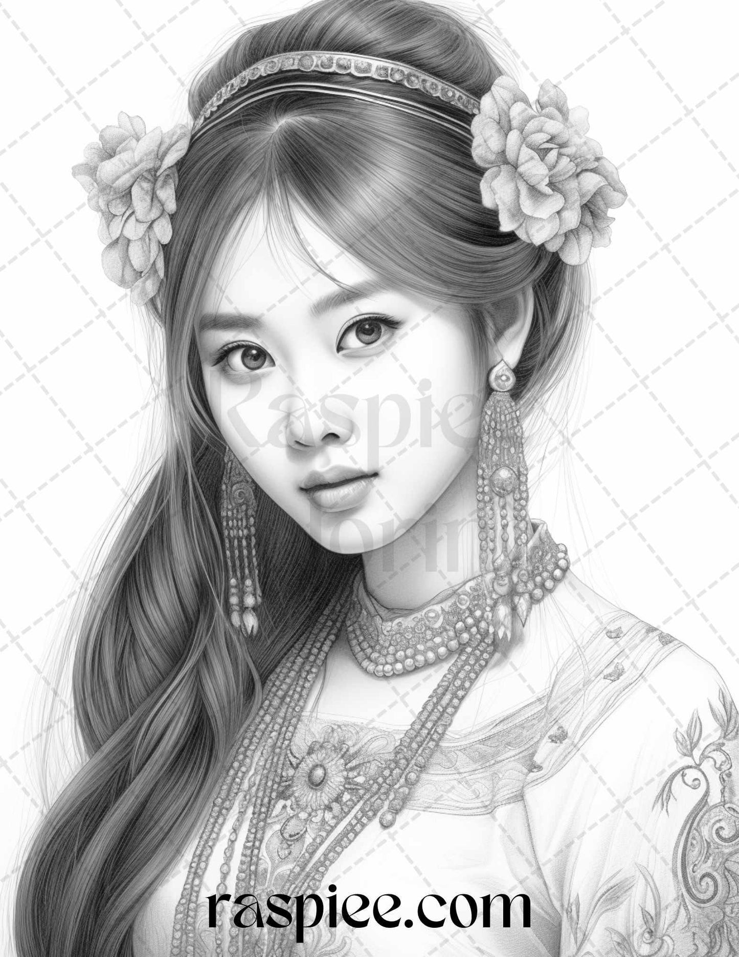 40 Beautiful Chinese Girls Grayscale Coloring Pages for Adults, Printable PDF File Instant Download