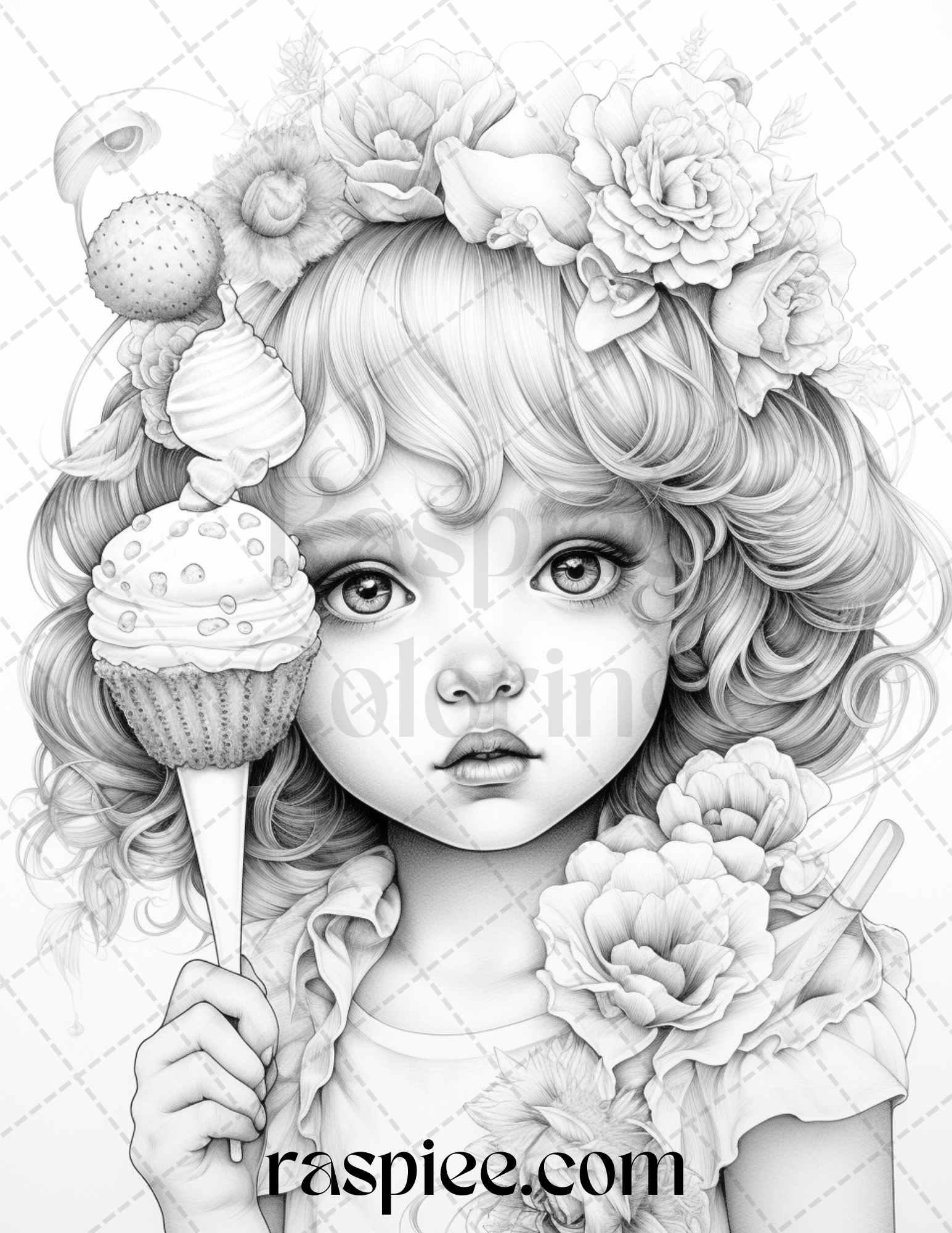 42 Adorable Girls with Ice Cream Grayscale Coloring Pages Printable for Adults Kids, PDF File Instant Download