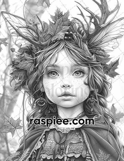 62 Magical Fairy Antler Grayscale Adult Coloring Pages, Printable PDF Instant Download