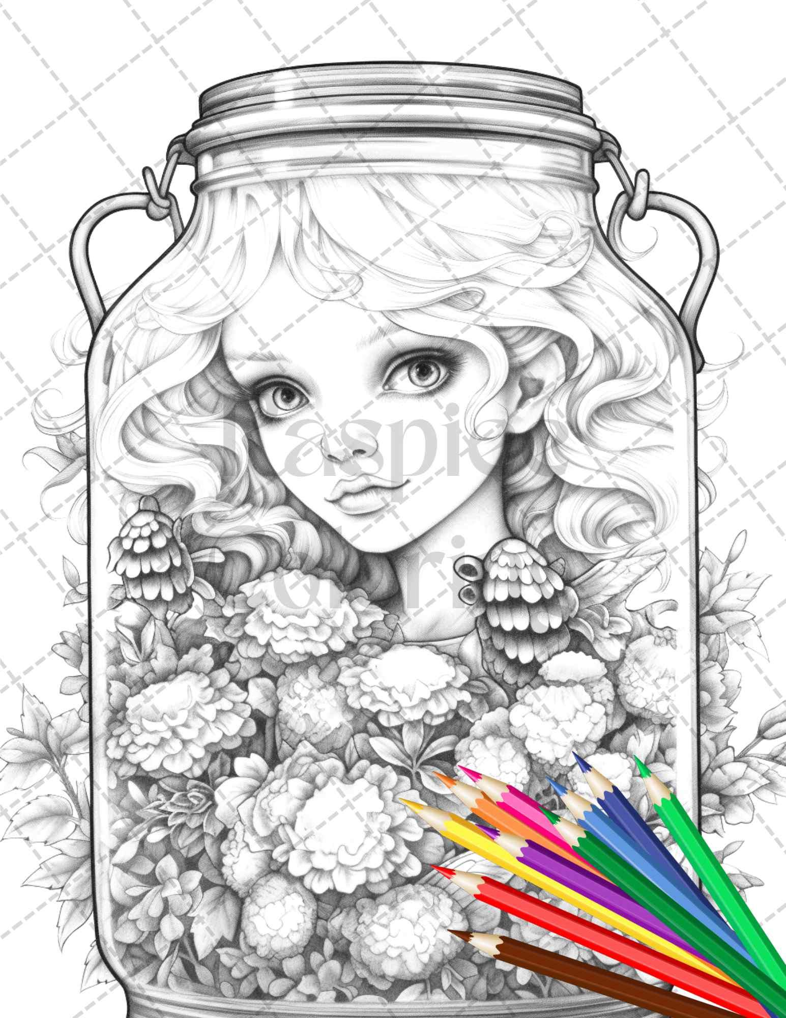 40 Beautiful Fairies in Jar Grayscale Coloring Pages Printable for Adults, PDF File Instant Download