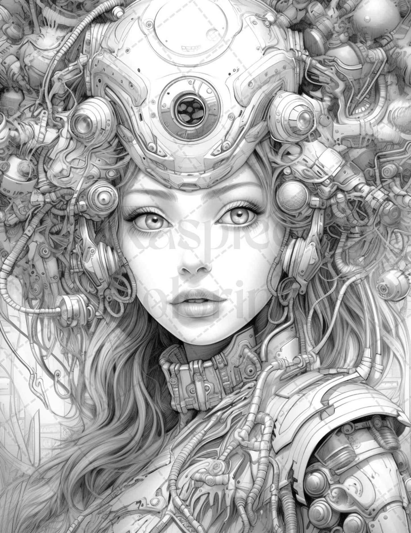 40 Beautiful Cyborg Girls Grayscale Coloring Pages Printable for Adults, PDF File Instant Download