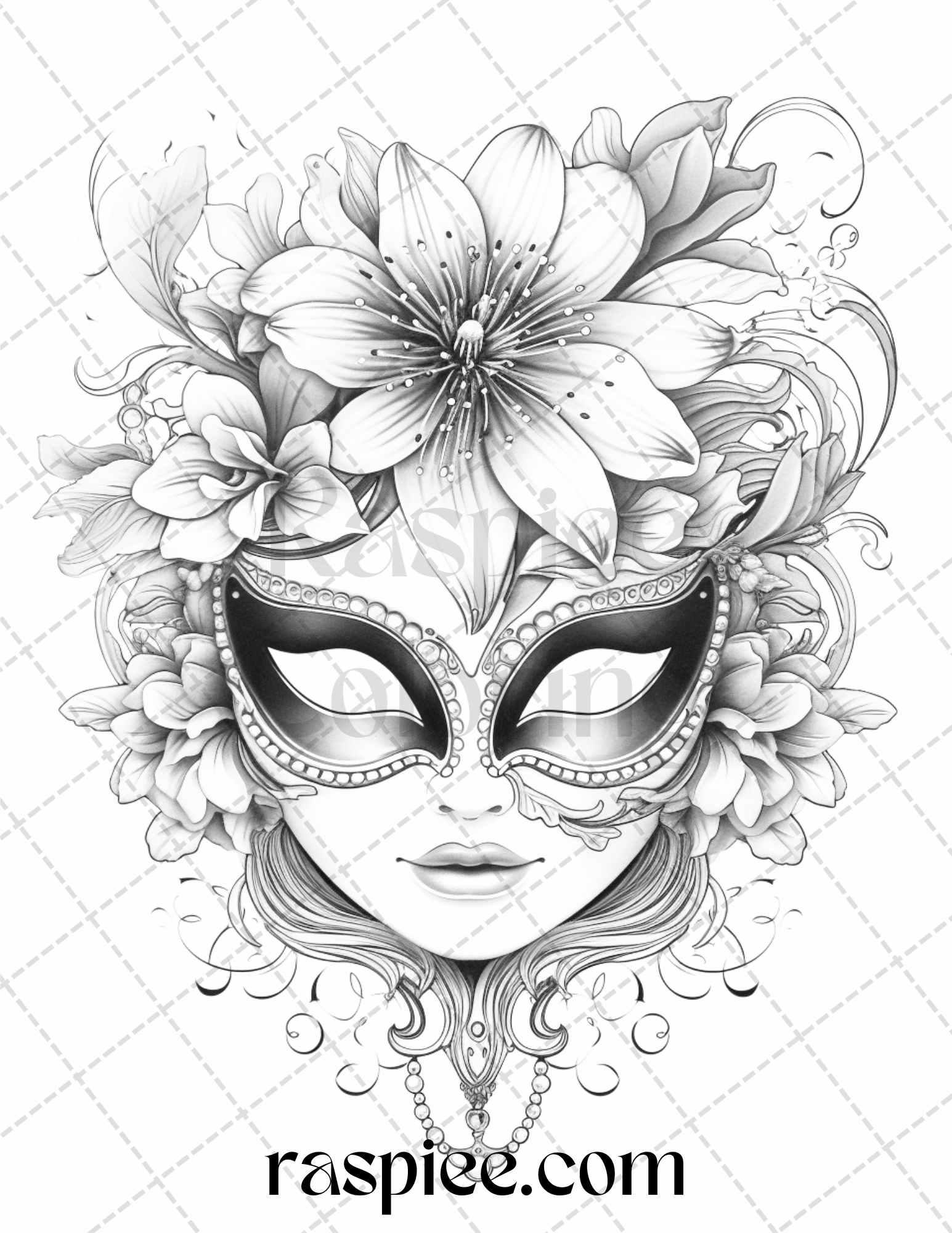 40 Masquerade Masks Grayscale Coloring Pages Printable for Adults, PDF File Instant Download