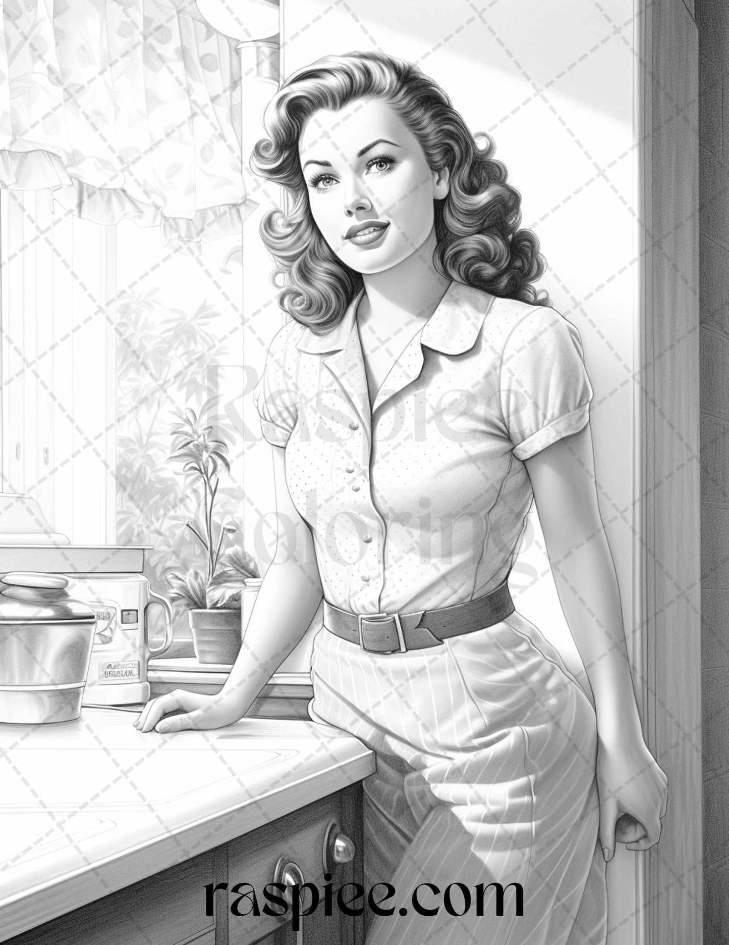 40 Retro Housewives Grayscale Coloring Pages for Adults, Printable PDF File Instant Download