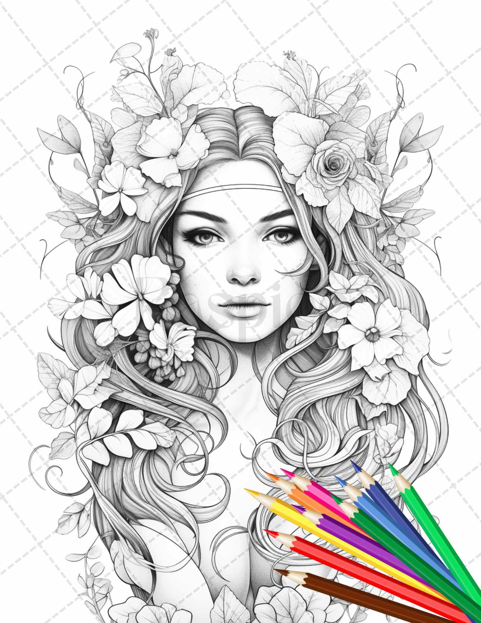 38 Flower Goddess Coloring Pages Printable for Adults, Grayscale Coloring Page, PDF File Instant Download