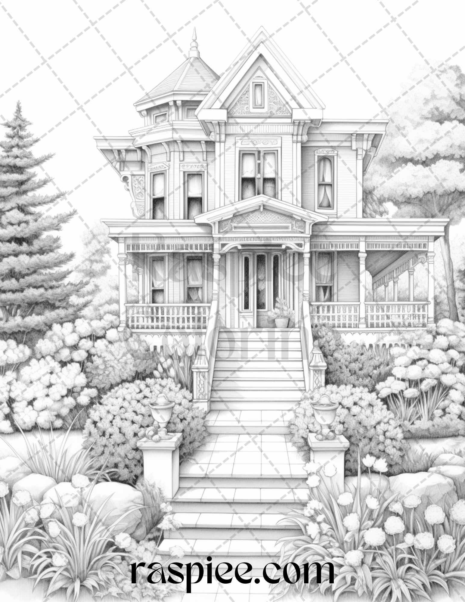 40 Victorian Houses Grayscale Coloring Pages Printable for Adults, PDF File Instant Download