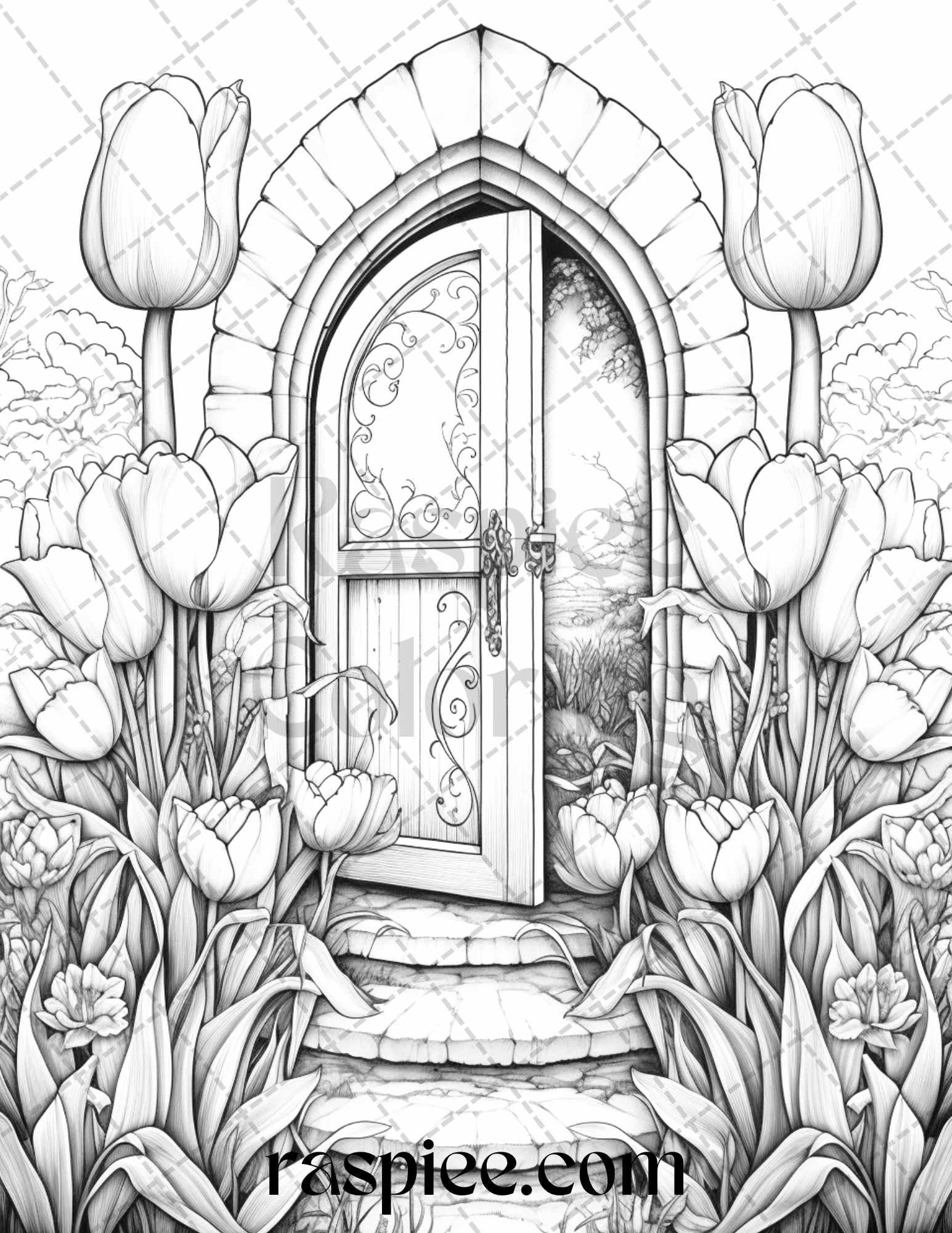 40 Flower Fairy Doors Grayscale Coloring Pages Printable for Adults, PDF File Instant Download