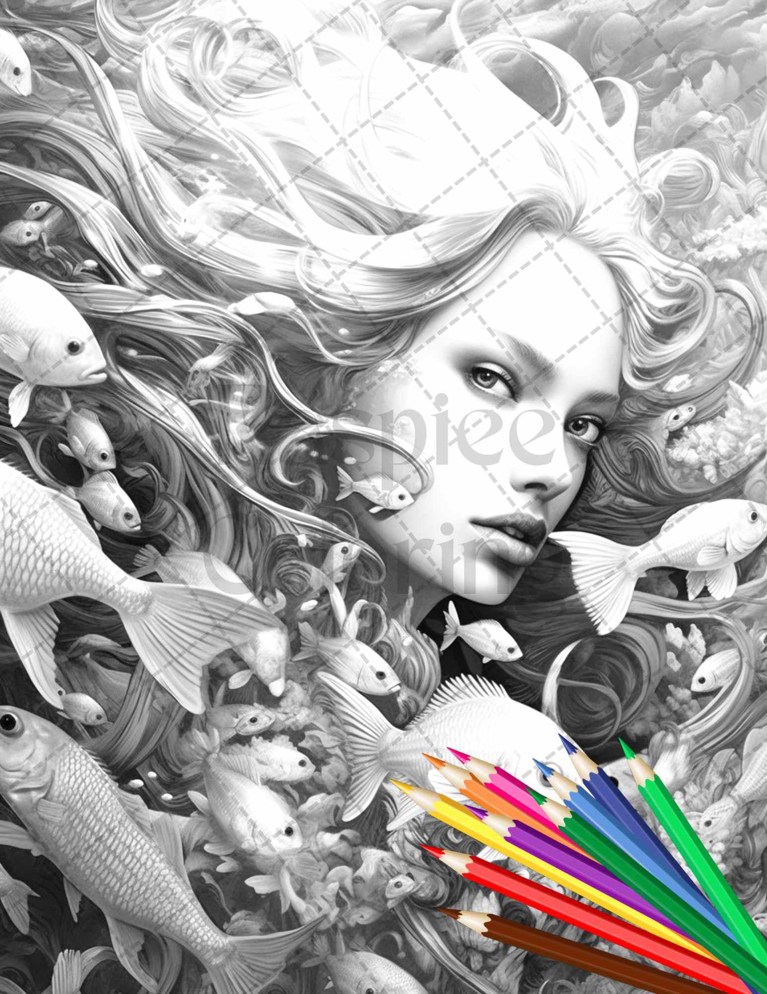 40 Enchanted Mermaid Grayscale Coloring Pages Printable for Adults, PDF File Instant Download