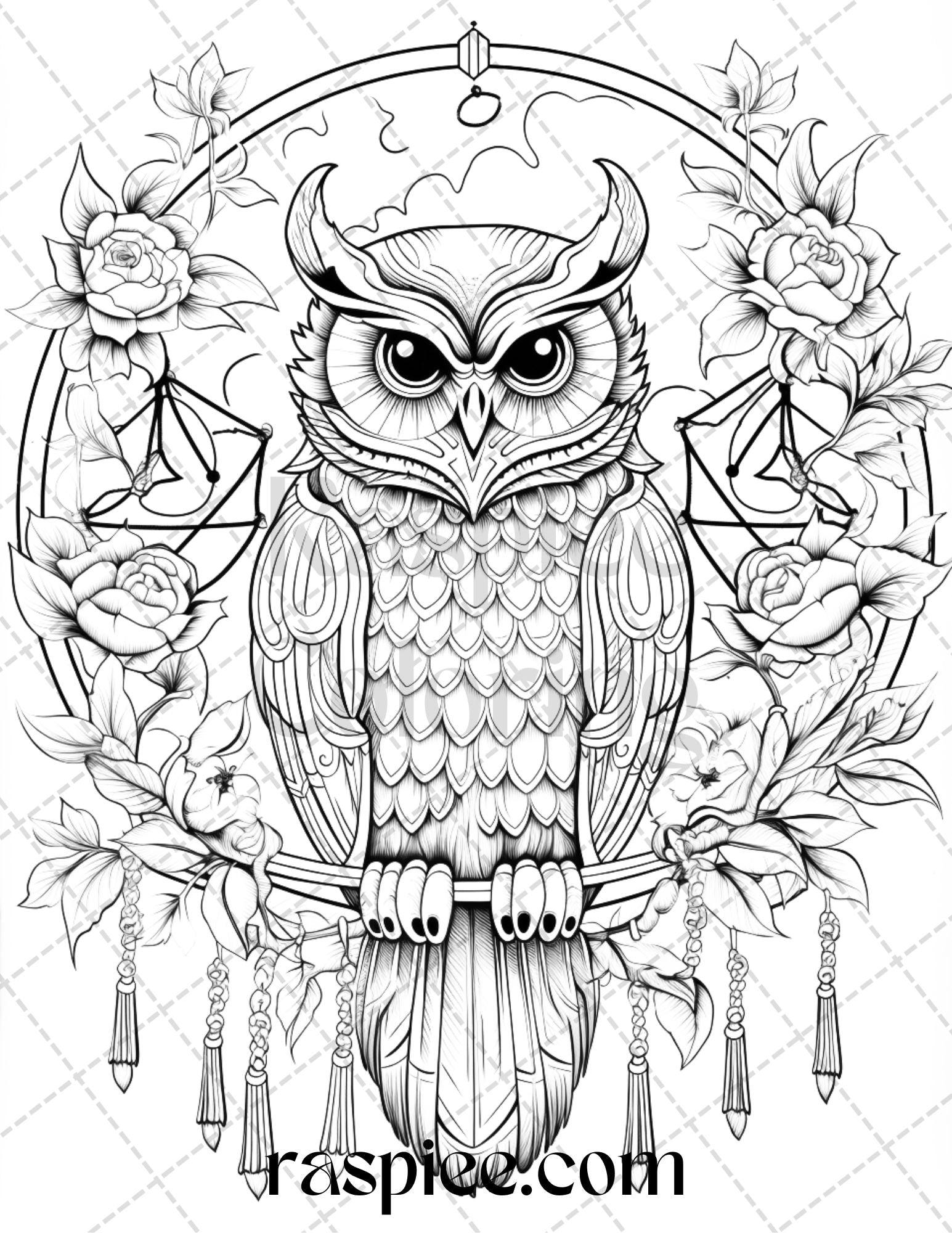 40 Floral Owl Grayscale Printable Coloring Pages for Adults, PDF File Instant Download