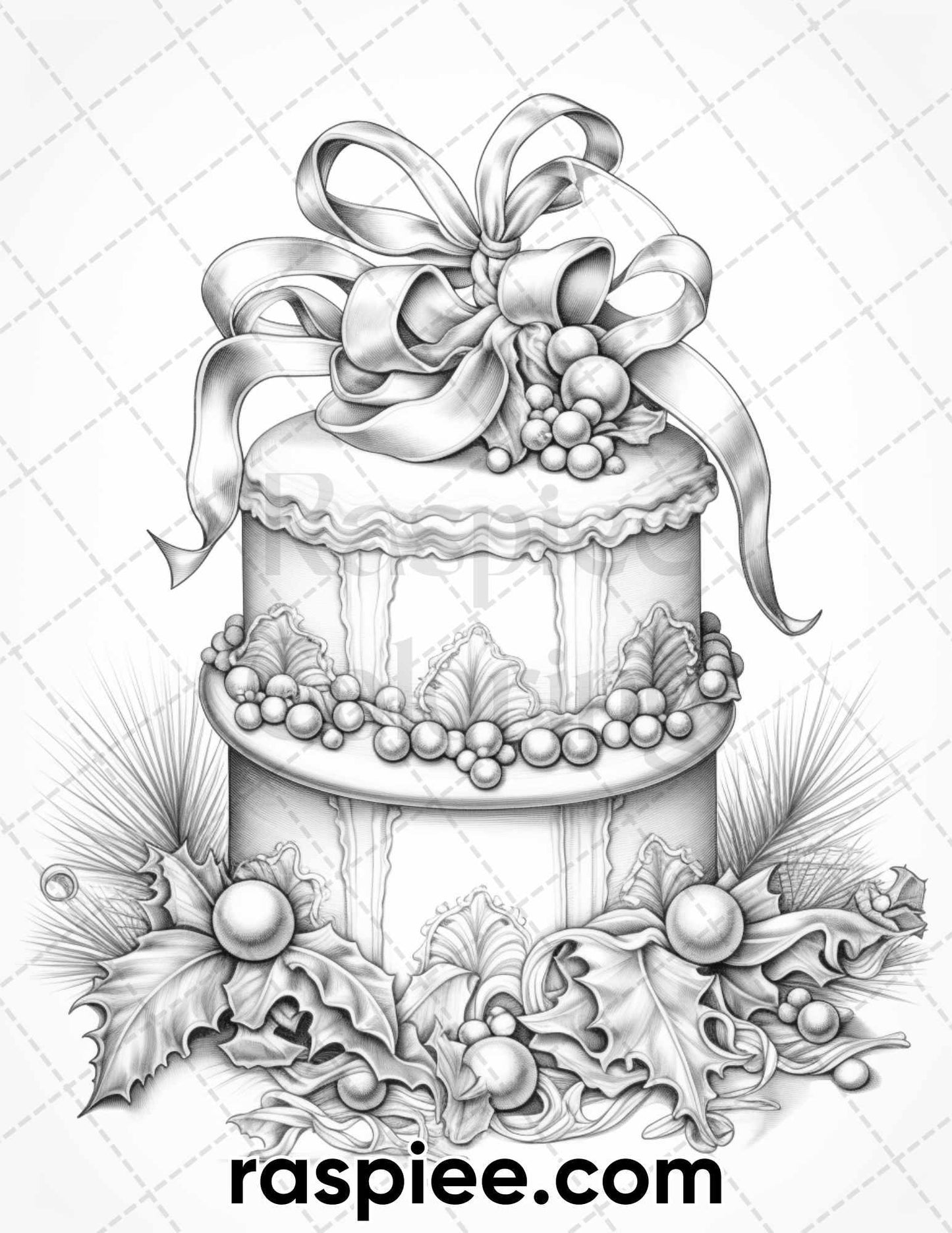 45 Christmas Cakes Grayscale Coloring Pages for Adults, Printable PDF File Instant Download