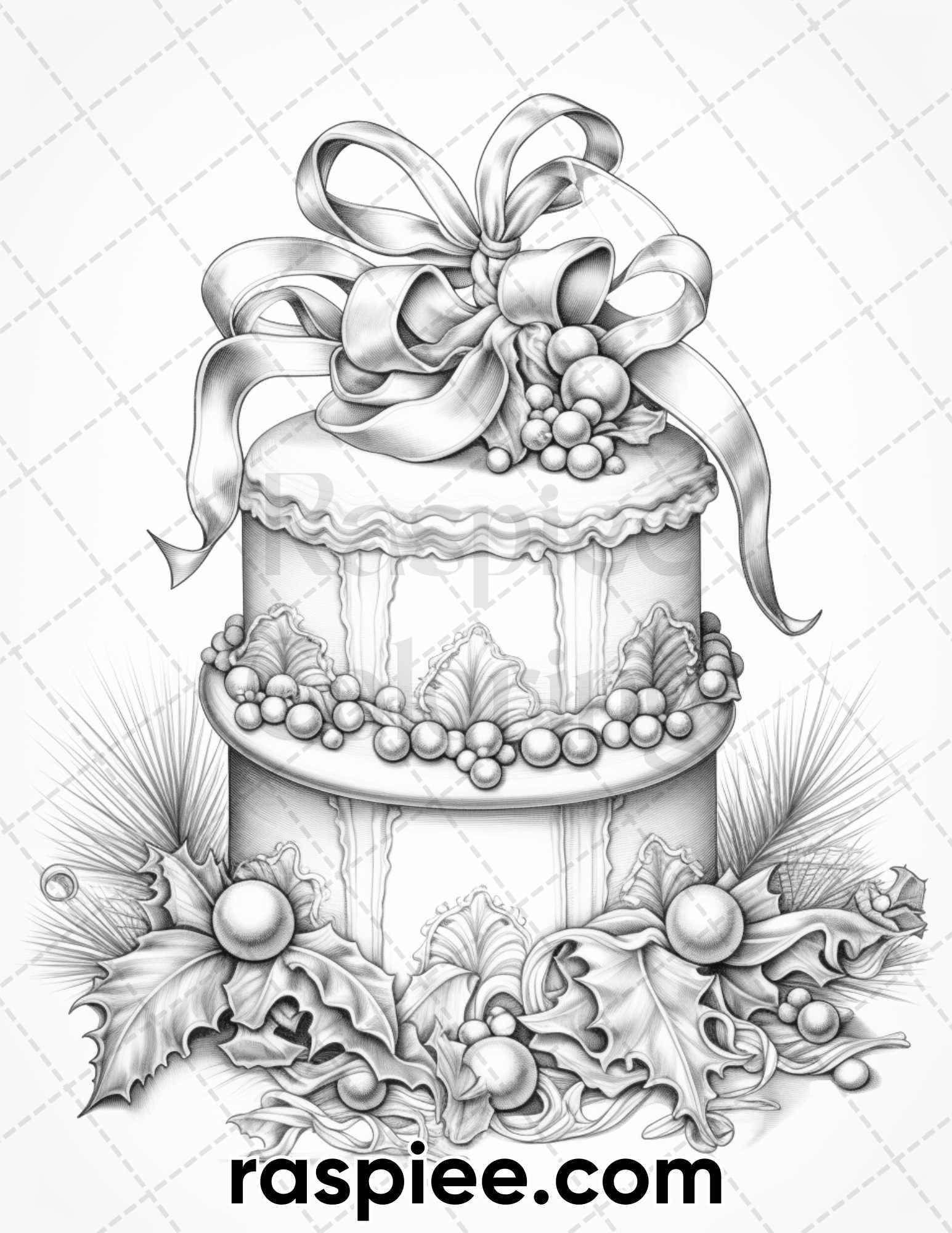 45 Christmas Cakes Grayscale Coloring Pages for Adults, Printable PDF File Instant Download