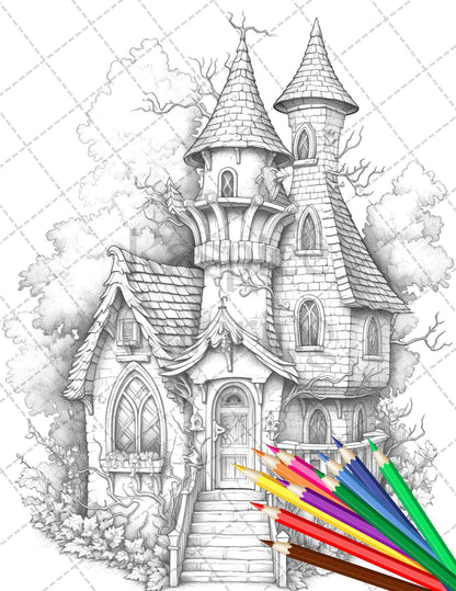 40 Creepy Gothic Houses Grayscale Coloring Pages Printable for Adults, PDF File Instant Download