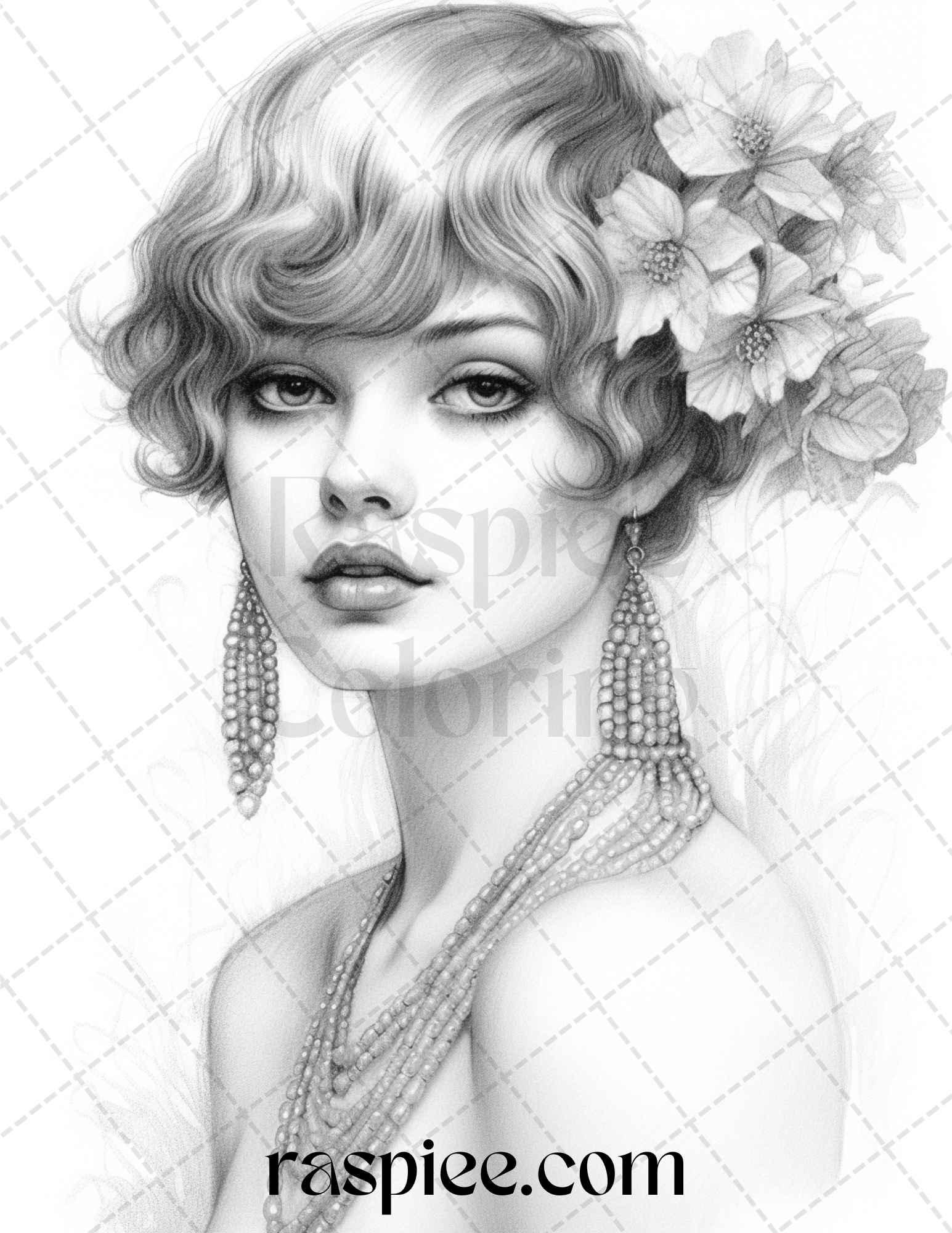 40 Beautiful Gatsby Girls Grayscale Coloring Pages Printable for Adults, PDF File Instant Download