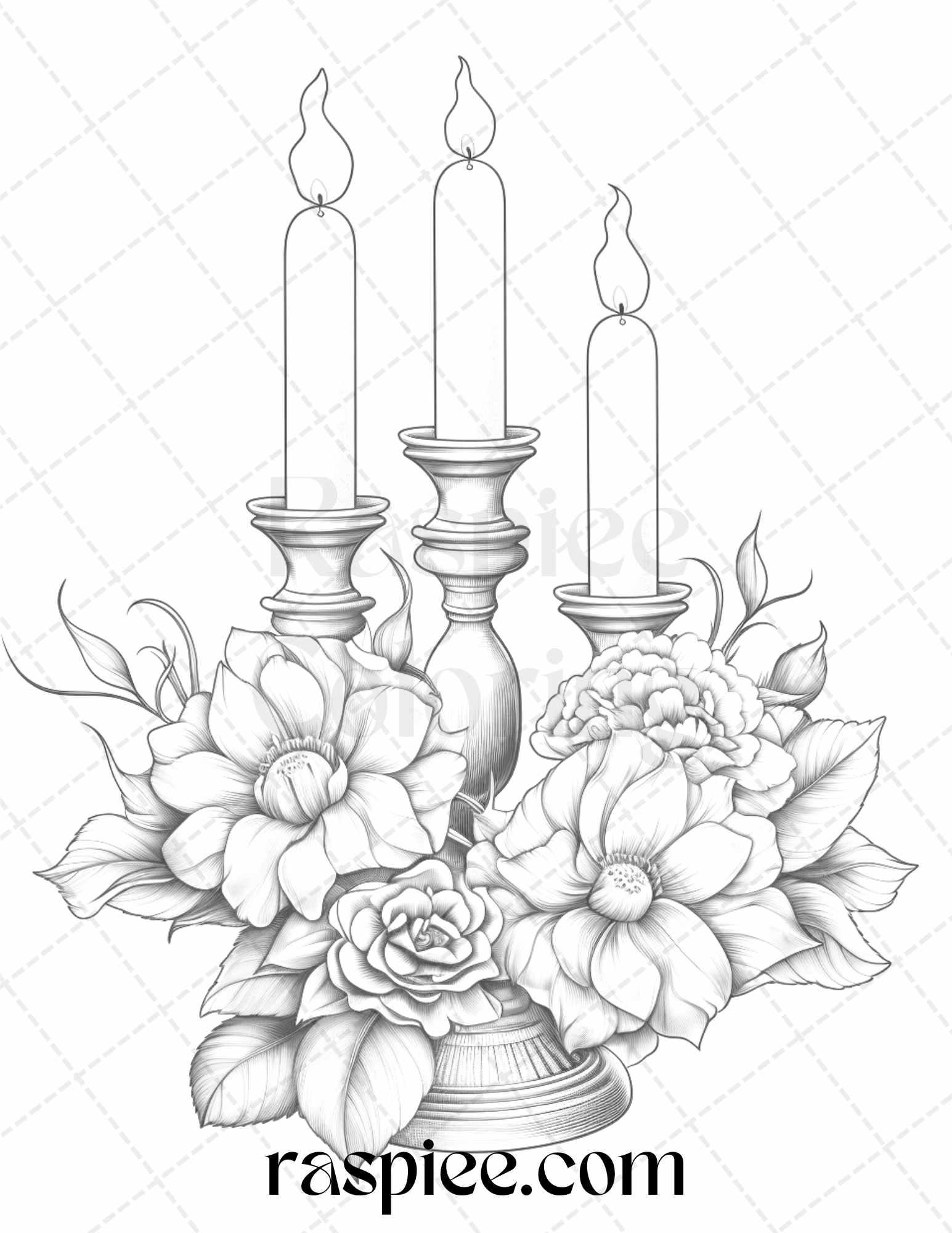 40 Flower Candles Grayscale Coloring Pages Printable for Adults, PDF File Instant Download