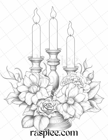 40 Flower Candles Grayscale Coloring Pages Printable for Adults, PDF File Instant Download