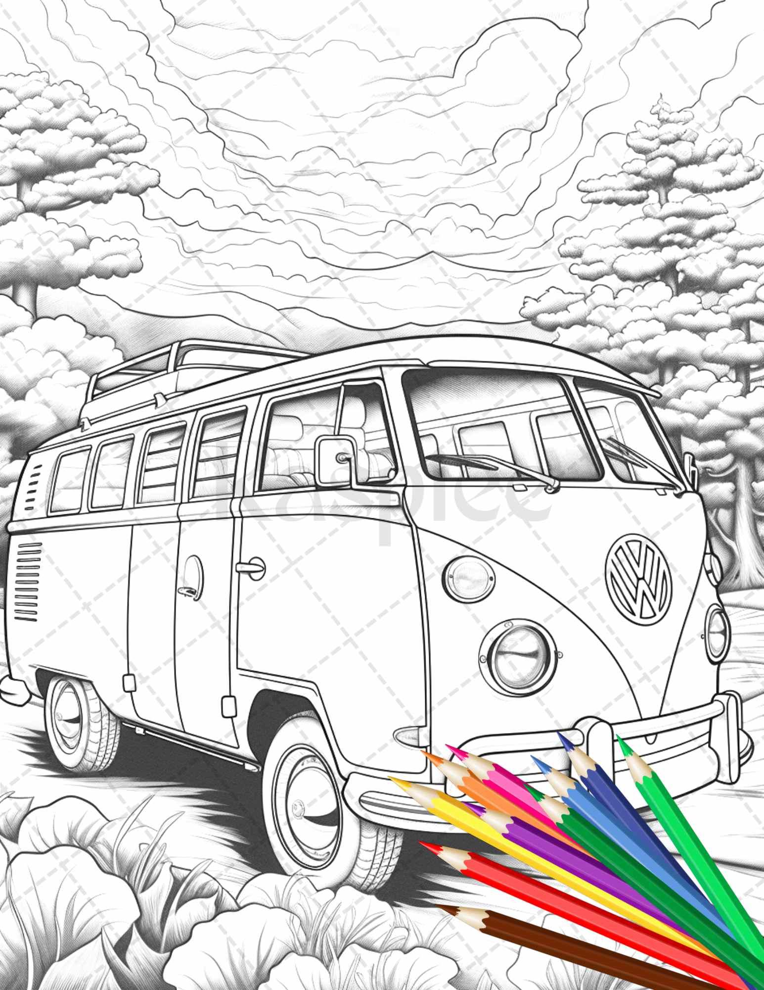 30 Campervan Adventure Grayscale Coloring Pages Printable for Adults, PDF File Instant Download