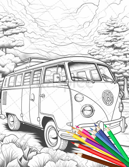 30 Campervan Adventure Grayscale Coloring Pages Printable for Adults, PDF File Instant Download