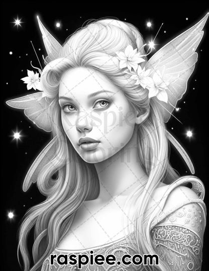 50 Starlight Fairy Grayscale Coloring Pages for Adults, Printable PDF File Instant Download