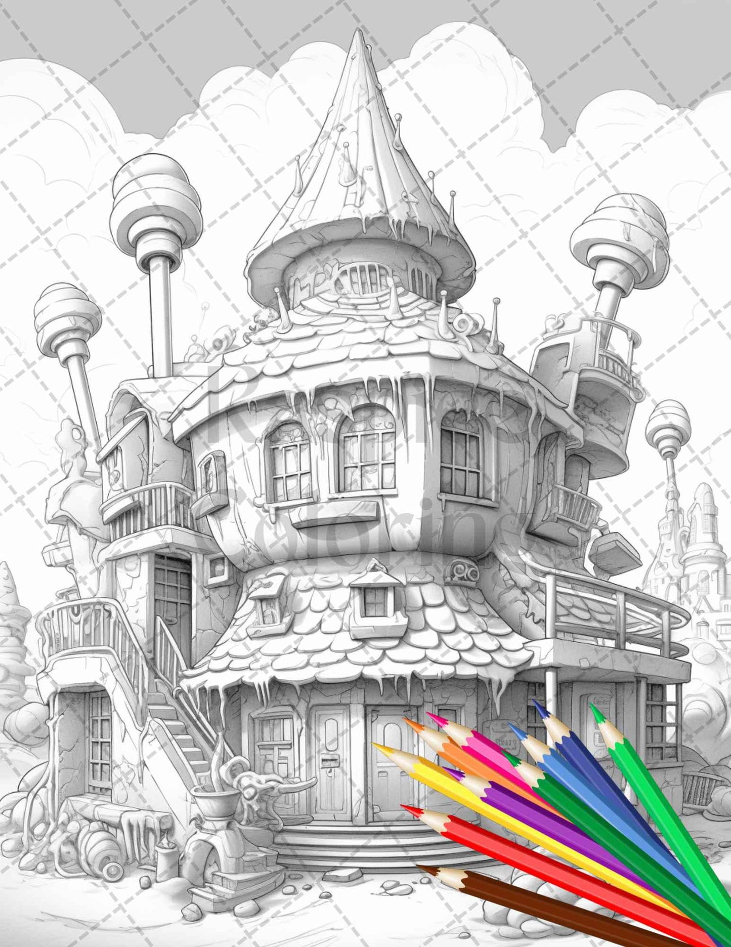 33 Ice Cream Houses Grayscale Coloring Pages Printable for Adults and Kids, PDF File Instant Download