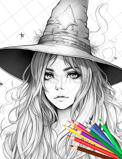 40 Cute Witches Coloring Pages Printable for Adults, Grayscale Coloring Page, PDF File Instant Download